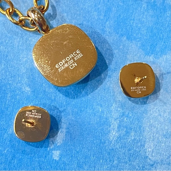 EDFORCE IP GOLD PLATED CHAIN BLACK PENDANT NECKLACE EARRINGS SET STAINLESS STEEL - Picture 4 of 11